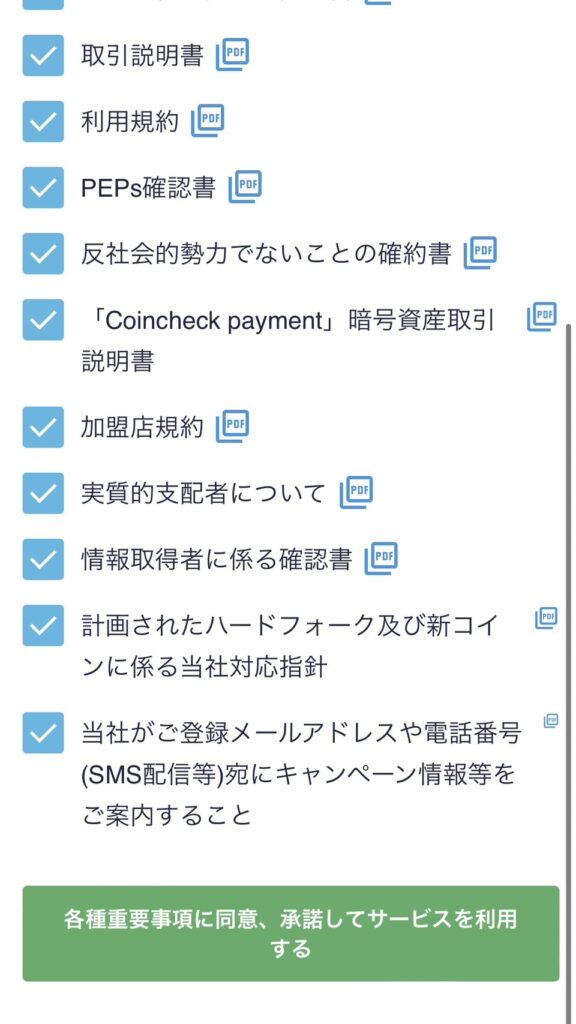 重要事項を確認し承諾のチェックを入れてサービス利用の確認をする画面